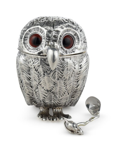View full screen - View 1 of Lot 239. A Victorian Silver Owl-Form Mustard Pot and Spoon, Charles T. & George Fox, London, 1845.