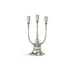 A DANISH SILVER THREE-LIGHT CANDELABRUM, NO. 595, DESIGNED BY HARALD NIELSEN, GEORG JENSEN SILVERSMITHY, COPENHAGEN, CIRCA 1930S
