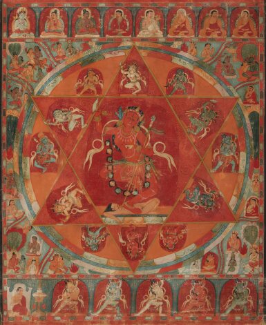 View full screen - View 1 of Lot 115. A thangka depicting a mandala of Vajravarahi with Taklung Kagyü Lineage, Tibet, late 12th / early 13th century | 西藏 十二世紀末 / 十三世紀初 金剛亥母曼荼羅及達隆噶舉傳承唐卡.