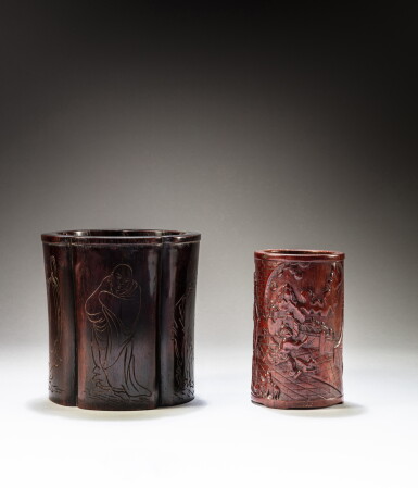 View full screen - View 1 of Lot 189. A zitan lobed 'luohan' brushpot and a bamboo ‘Ershi Sixiao’ brushpot, 20th century | 二十世紀 紫檀雕羅漢紋筆筒 及 竹雕二十四孝圖筆筒.