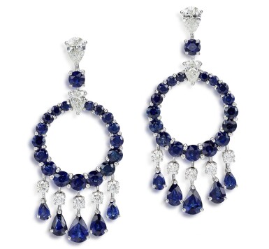 View full screen - View 1 of Lot 1153. GRAFF | 'MINI GYPSY' PAIR OF SAPPHIRE AND DIAMOND PENDENT EARRINGS | 格拉夫 'Mini Gypsy' 藍寶石 配 鑽石 吊耳環一對.