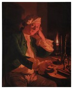 A scientist seated at a desk by candlelight
