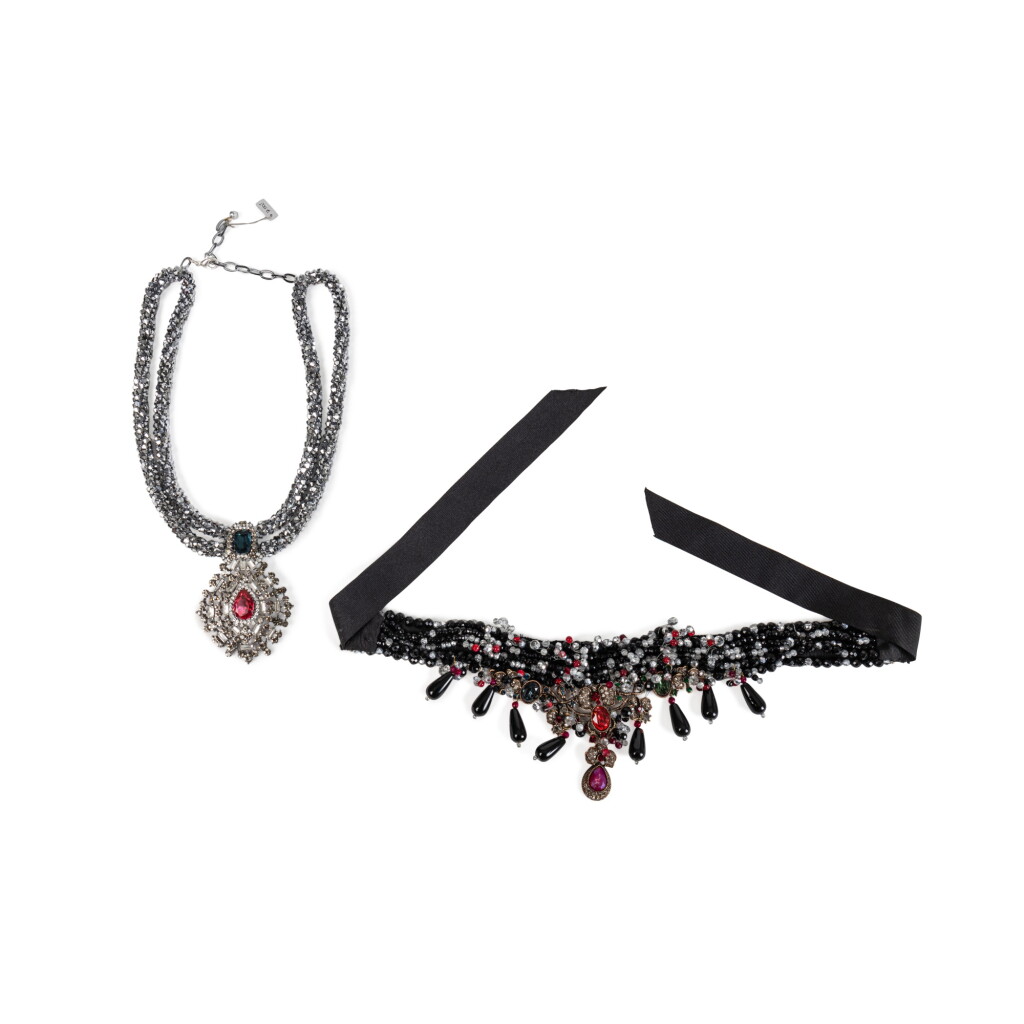 View full screen - View 1 of Lot 133. Two strass, glass pearls and metal necklaces, modern.