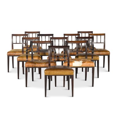 View full screen - View 1 of Lot 46. A set of twelve Regency mahogany and leather upholstered dining chairs, nine circa 1815, three commissioned to match and later.
