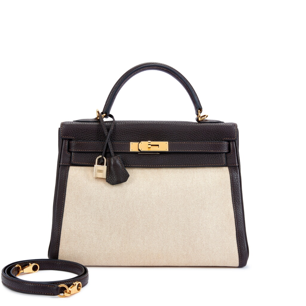 View full screen - View 1 of Lot 6146. Limited Edition Ebene Clémence and Toile Kelly 32 Retourné Gold Hardware, 2004.