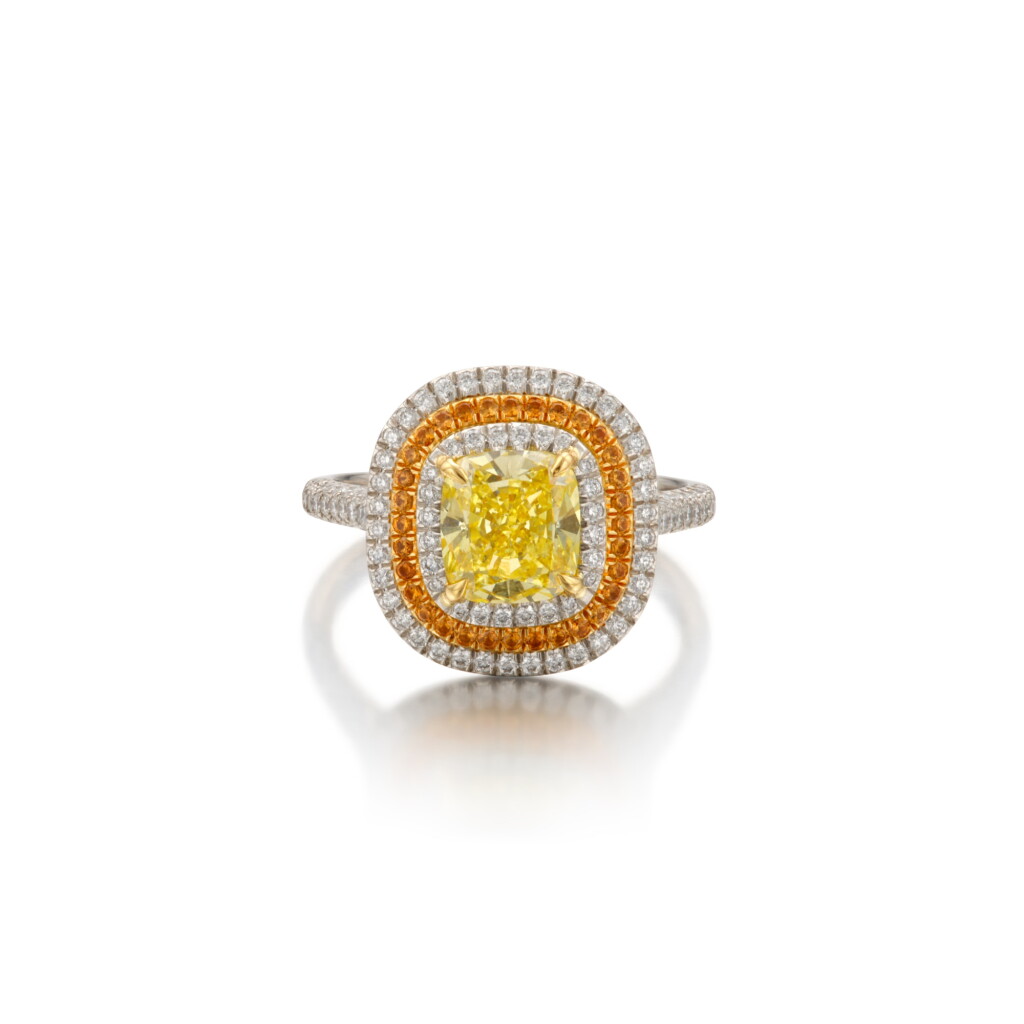 View full screen - View 1 of Lot 375. Fancy Vivid Yellow Diamond, Colored Diamond and Diamond Ring.