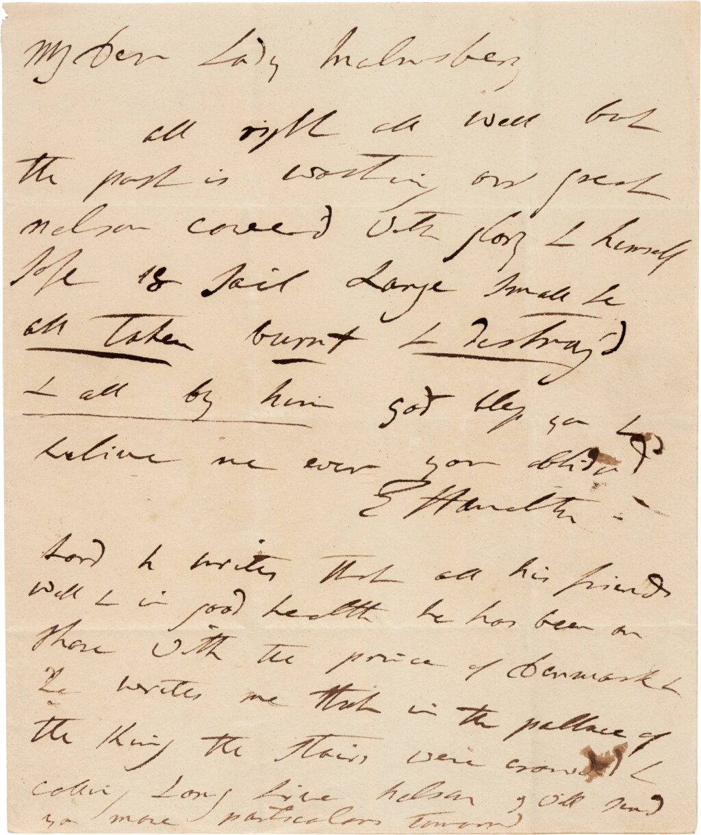 View full screen - View 1 of Lot 154. Emma, Lady Hamilton | Autograph letter signed, on Nelson's victory at Copenhagen, to Lady Malmesbury, 1801.