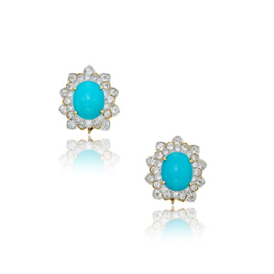 View full screen - View 1 of Lot 214. Pair of Turquoise and Diamond Earclips.