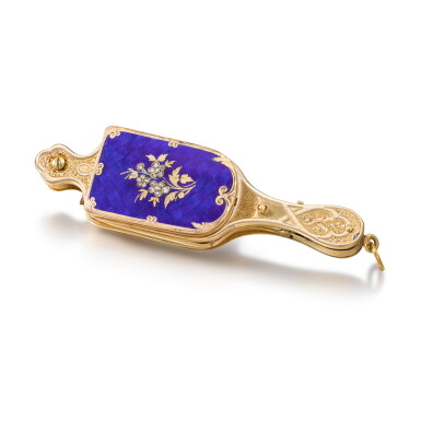 View full screen - View 1 of Lot 1335. A gold, enamel and diamond-set folding lorgnette with concealed watch Circa 1850.