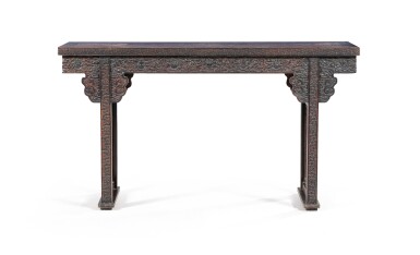 View full screen - View 1 of Lot 58. A rare and finely carved zitan 'auspicious emblems' altar table Qing dynasty, 18th–early 19th century | 清 十八世紀至十九世紀早期 紫檀雜寶紋平頭案.