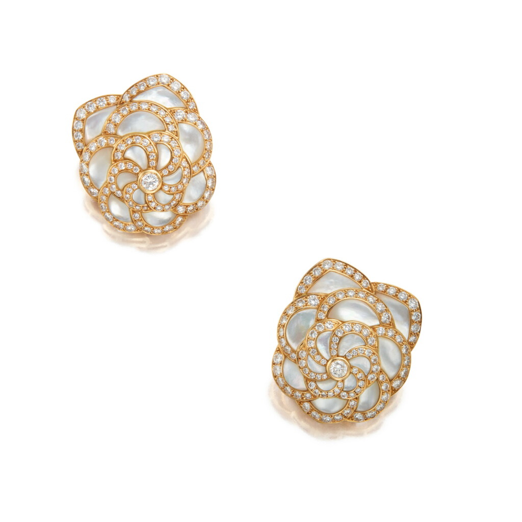 View full screen - View 1 of Lot 143. Van Cleef & Arpels | Pair of Mother-of-Pearl and Diamond Earclips, France.