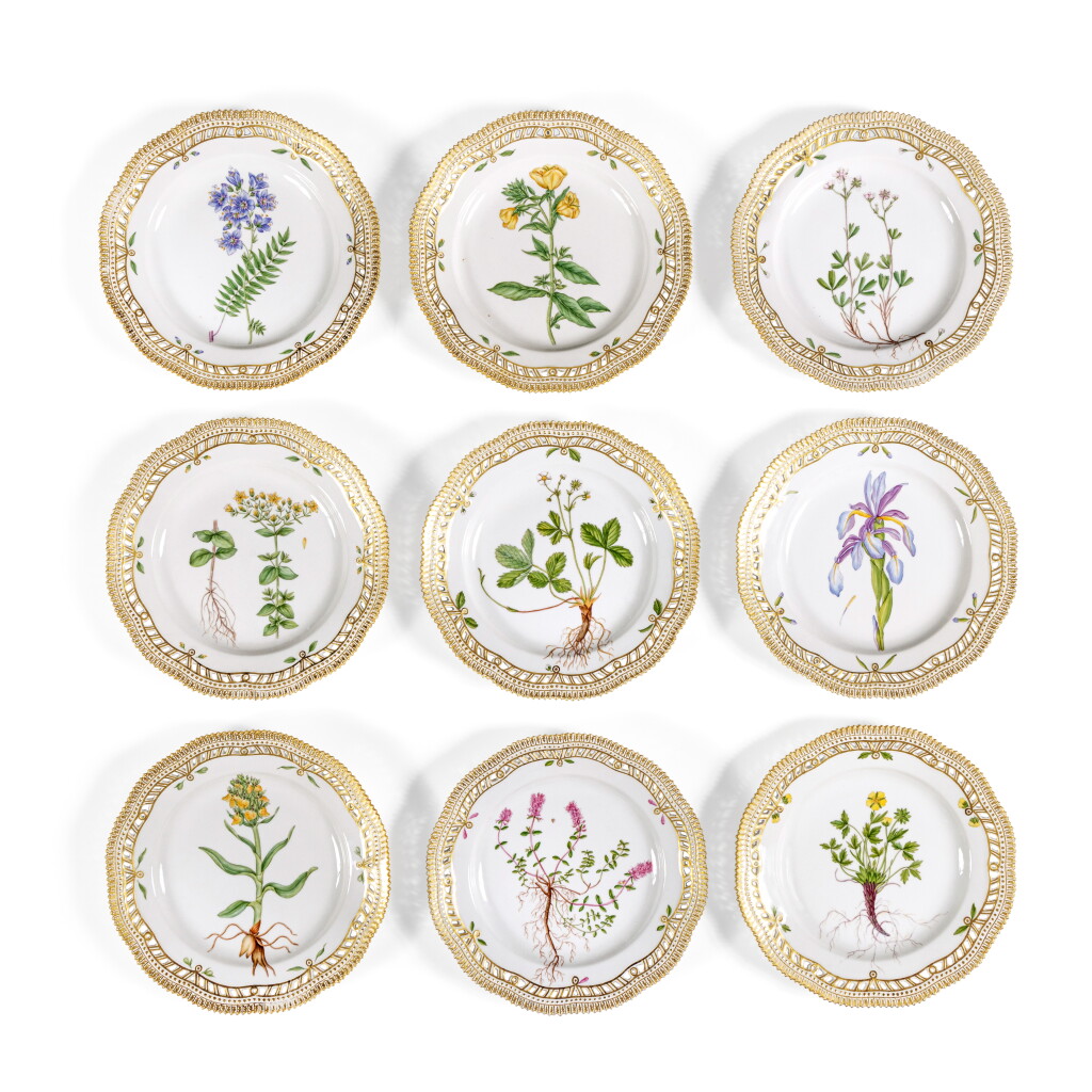 View full screen - View 1 of Lot 9. Nine Royal Copenhagen 'Flora Danica' Reticulated Dinner Plates, Modern.