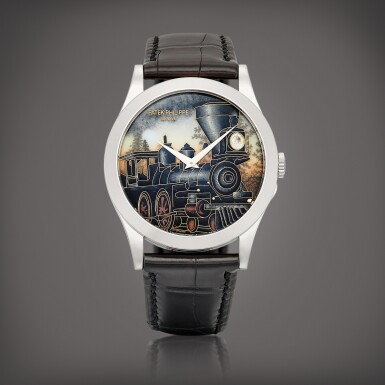 View full screen - View 1 of Lot 2275. Steam Locomotive, Reference 5089 | A limited edition white gold wristwatch with cloisonné enamel dial, Circa 2019 | 百達翡麗 | STEAM LOCOMOTIVE 型號5089 | 限量版白金腕錶,備掐絲琺瑯錶盤,約2019年製.