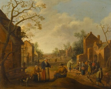 View full screen - View 1 of Lot 10. A village scene with figures begging in the foreground and others gathered around an inn.