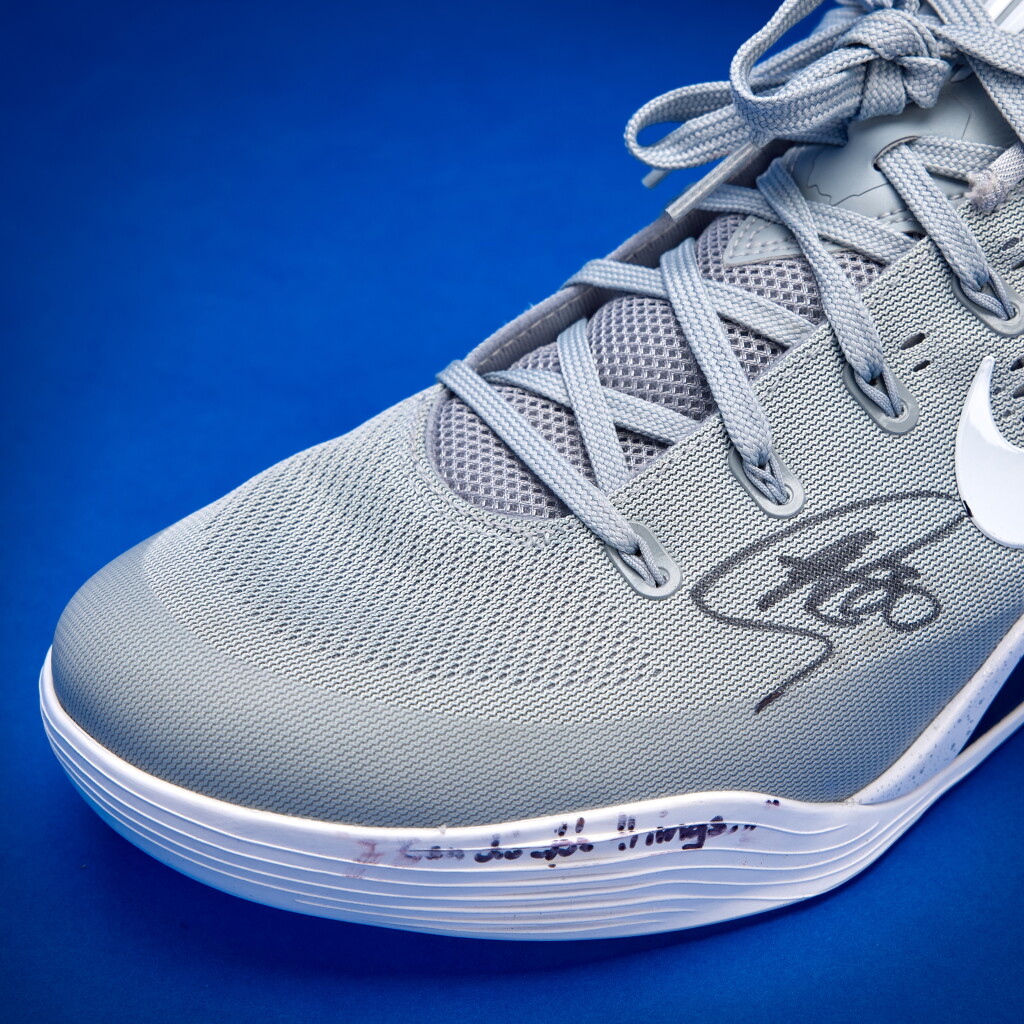 View full screen - View 1 of Lot 32. Stephen Curry 2025-2026 Game Worn Dual-Signed and Inscribed Nike Kobe 9 Elite Low 'Wolf Grey'.