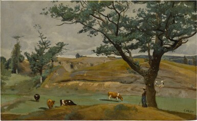 View full screen - View 1 of Lot 8. JEAN-BAPTISTE-CAMILLE COROT | COLLINES ET PÂTURES DES ENVIRONS DE SAINT-LO.