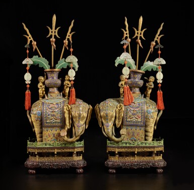 View full screen - View 1 of Lot 184. A pair of gilt-bronze and cloisonné enamel elephants, Qing dynasty, 18th / 19th century.