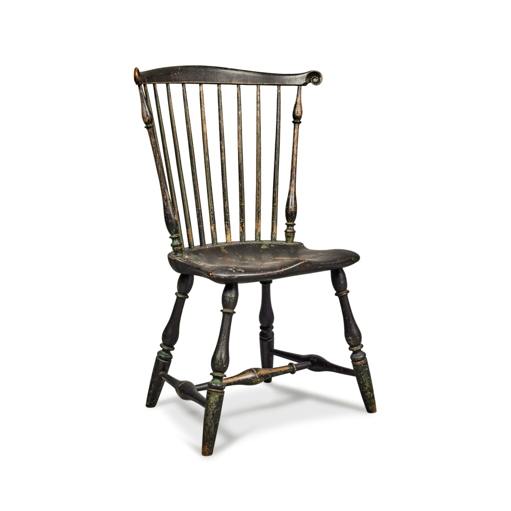 View full screen - View 1 of Lot 266. Fine Black-Painted Scroll-Carved Fan-Back Windsor Side Chair, Joseph Henzey (1743-1796), Philadelphia, Pennsylvania, Circa 1800.