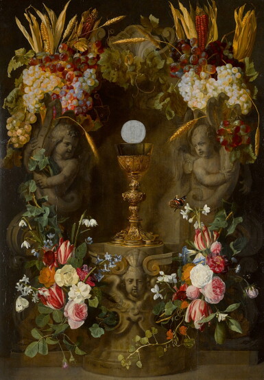 View full screen - View 1 of Lot 138. JAN PHILIPS VAN THIELEN | GARLANDS OF ROSES, TULIPS, NARCISSI, SNOWDROPS, HYACINTHS AND CONVOLVULI, WITH GRAPES, EARS OF CORN AND HEADS OF MAIZE, SURROUNDING THE HOST IN A SCULPTED NICHE.