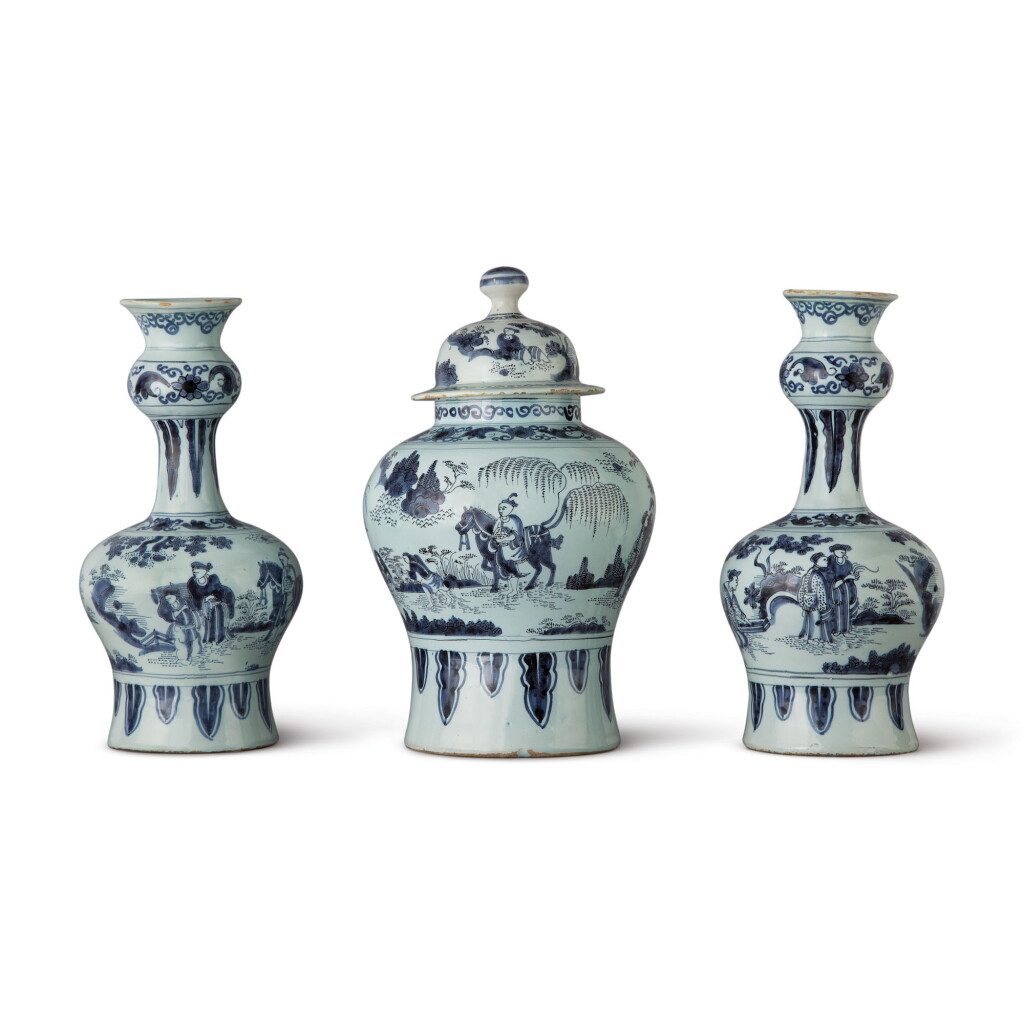 View full screen - View 1 of Lot 545. A PAIR OF DUTCH DELFT BLUE AND WHITE BOTTLE-SHAPED VASES AND A BALUSTER VASE AND COVER, CIRCA 1700 AND LATE 17TH CENTURY.