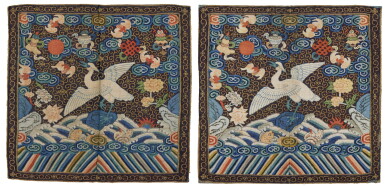 View full screen - View 1 of Lot 636. Two blue-ground silk woven 'egret' sixth civil rank badges, Qing dynasty, 19th century | 清十九世紀 石青地織鷺鷥文六品補子兩件.