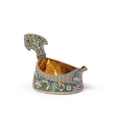 View full screen - View 1 of Lot 197. A large silver-gilt and cloisonné enamel kovsh, Moscow, 1908-1917.