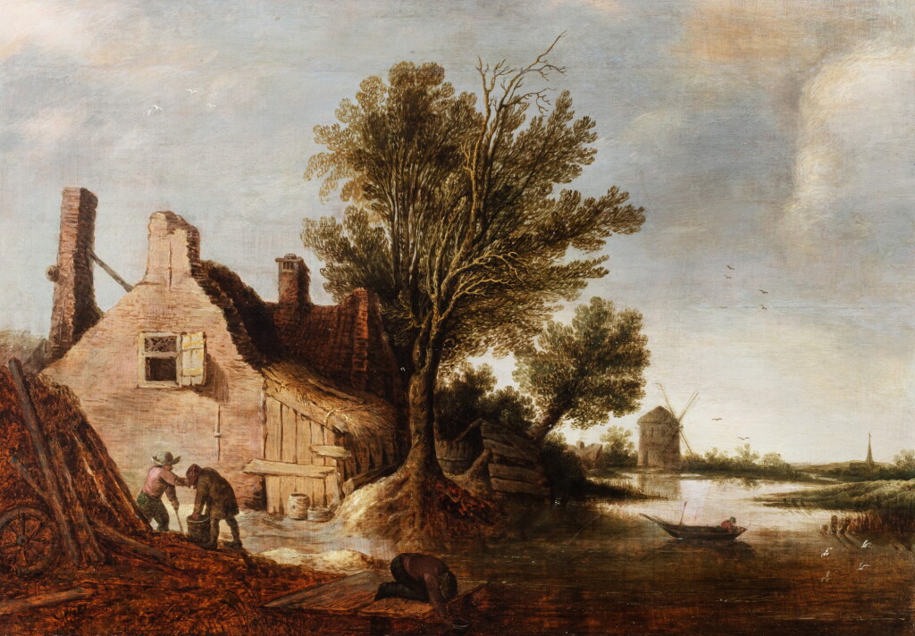View full screen - View 1 of Lot 150. A farmhouse with a mill beyond | Chaumière devant un paysage au moulin.