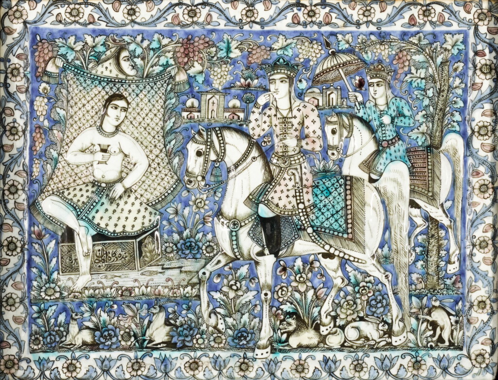 View full screen - View 1 of Lot 123. A Qajar moulded pottery tile depicting Khosrow spying Shirin bathing, with signature, Persia, 19th century.