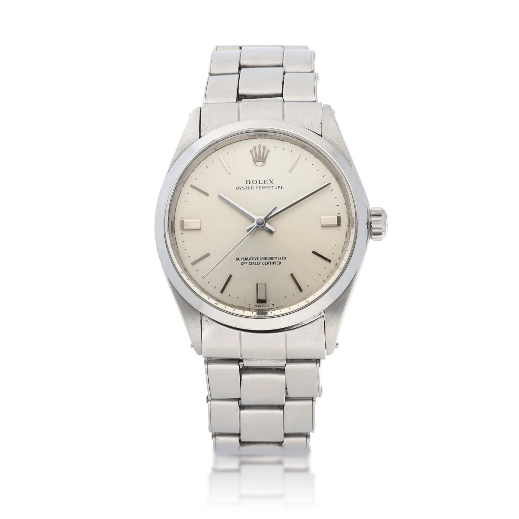 View full screen - View 1 of Lot 8044. Rolex | Reference 1002, A stainless steel wristwatch with bracelet, Circa 1970 | 勞力士 | 型號1002 精鋼鏈帶腕錶,約1970年製.