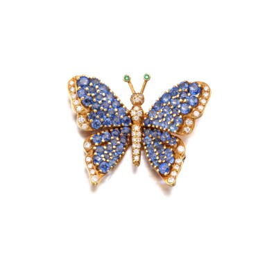 View full screen - View 1 of Lot 557. Sapphire, Emerald and Diamond Brooch.