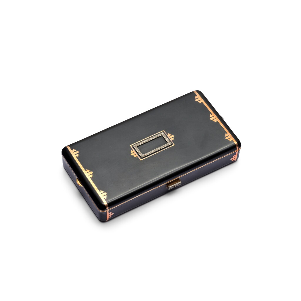 View full screen - View 1 of Lot 1052. A jewelled silver-gilt and lacquer Art Déco vanity case, Auguste Peyroula for Ghiso, Paris, circa 1925.