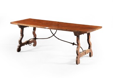 View full screen - View 1 of Lot 54. An oak and metal trestle table, Spanish, 18th century | Table à verrous en chêne et fer battu, travail espagnol du XVIIIème siècle.