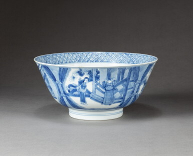 View full screen - View 1 of Lot 167. A blue and white 'Romance of the Western Chamber' bowl, Mark and period of Kangxi | 清康熙 青花西廂記故事圖盌 《大清康熙年製》款.
