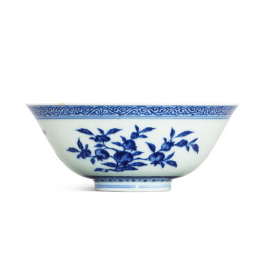 View full screen - View 1 of Lot 3647. A blue and white 'sanduo' bowl, Mark and period of Yongzheng | 清雍正 青花三多紋盌 《大清雍正年製》款.