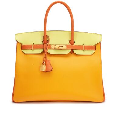 View full screen - View 1 of Lot 201. Soufre, Orange H, and Jaune d'or Epsom HSS Birkin 35 Brushed Gold Hardware, 2015.