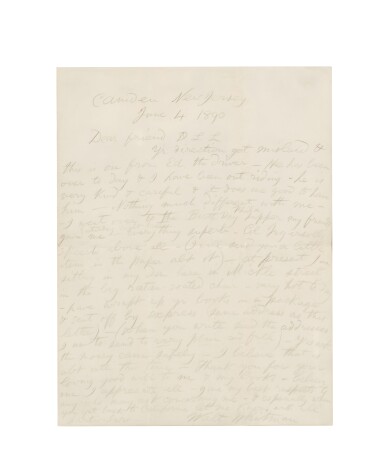 View full screen - View 1 of Lot 1069. Whitman, Walt | Autograph letter signed (“Walt Whitman”) to David L. Lezinsky, 4 June 1890.