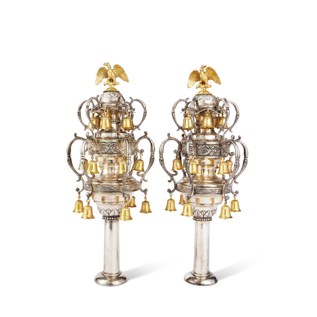 View full screen - View 1 of Lot 74. A Pair of Parcel-Gilt Silver Torah Finials, German or Austro-Hungarian, Circa 1830-40.