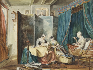View full screen - View 1 of Lot 91. A bedchamber with a woman eating in bed and a nurse feeding her baby, after Cornelis Troost.