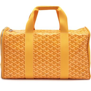 View full screen - View 1 of Lot 93. Yellow Goyardine Canvas and Cervon Calfskin Voltigeur MM Bag Palladium Hardware.