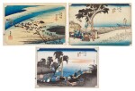UTAGAWA HIROSHIGE I (1797–1858), THREE PRINTS: SHIMADA: THE SURUGA BANK OF THE ÔI RIVER (SHIMADA, ÔIGAWA SUNGAN), FUKUROI: TEA STALL (FUKUROI, DEJAYA NO ZU) AND FUJIKAWA;SCENE AT POST OUTSKIRTS (FUJIKAWA, BÔHANA NO ZU) | EDO PERIOD, 19TH CENTURY
