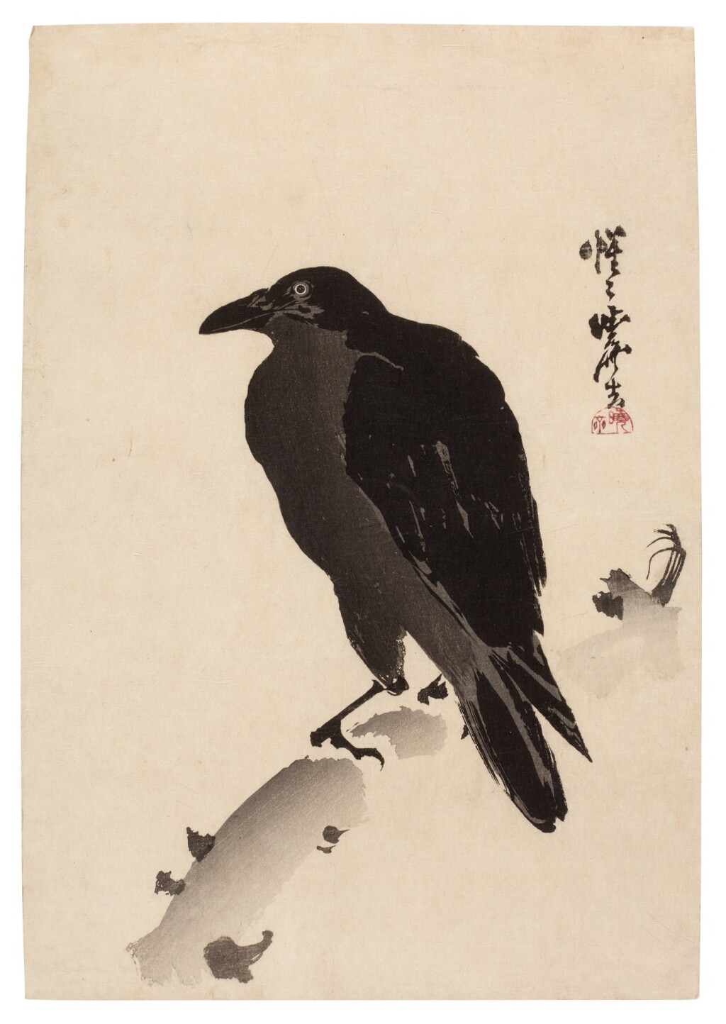 View full screen - View 1 of Lot 132. Kawanabe Kyosai (1831-1889) A crow on a branch, Meiji period, late 19th century.