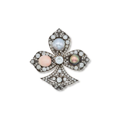 View full screen - View 1 of Lot 318. Silver-Topped Gold, Conch Pearl, Pearl and Diamond Pendant-Brooch.