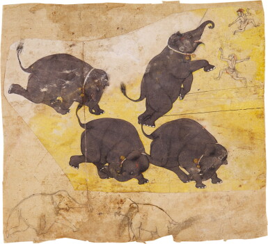 View full screen - View 1 of Lot 45. Studies of an unruly young elephant, India, Rajasthan, Kota, circa 1720-30.