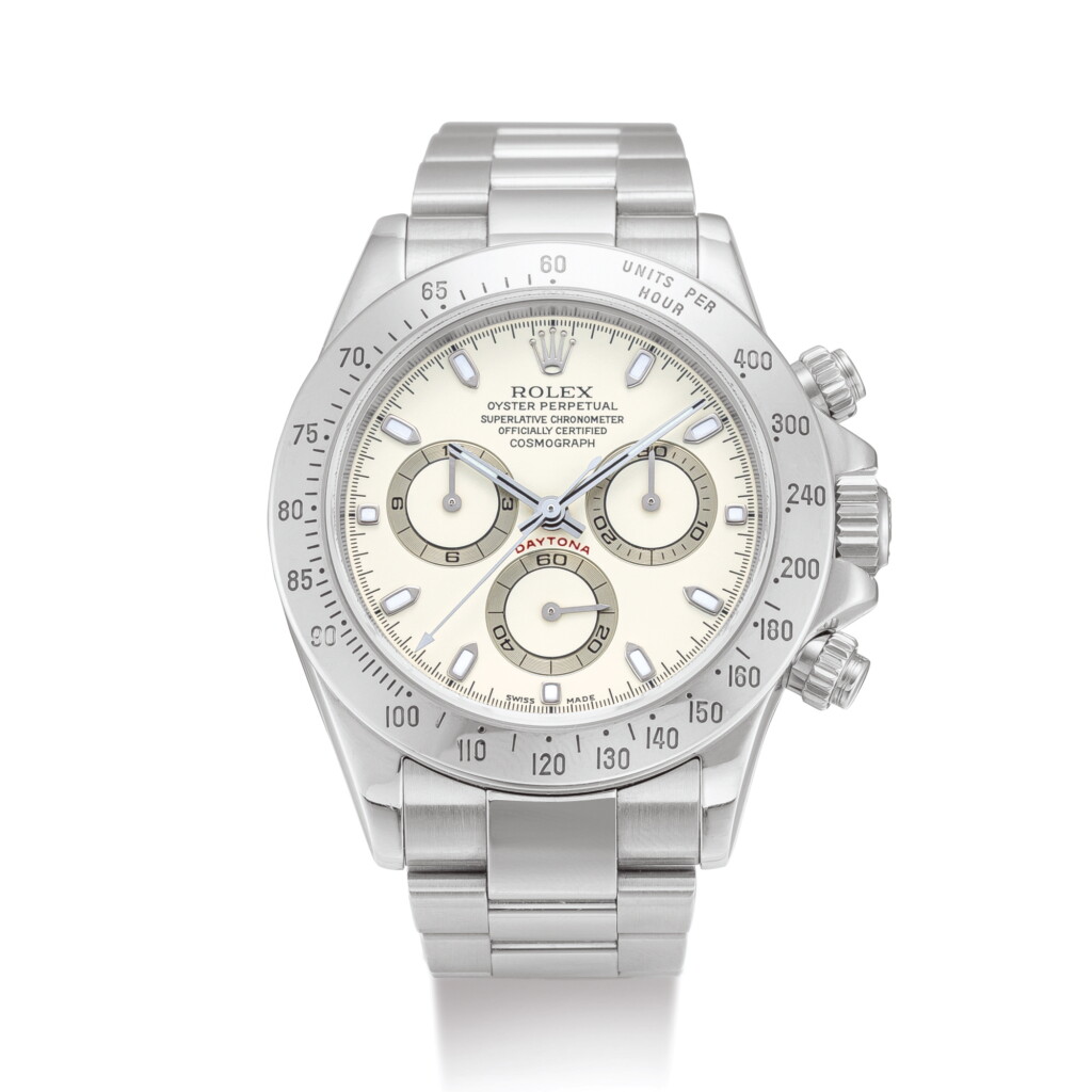 View full screen - View 1 of Lot 2229. ROLEX | COSMOGRAPH DAYTONA, REFERENCE 116520 A STAINLESS STEEL CHRONOGRAPH WRISTWATCH WITH CREAM DIAL AND BRACELET, CIRCA 2000 " | 勞力士 | Cosmograph Daytona 型號116520 精鋼計時鏈帶腕錶,備奶白色錶盤,錶殼編號P672120,約2000年製".
