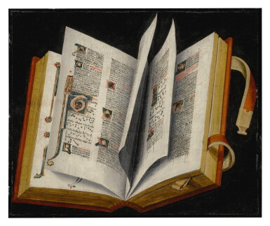 View full screen - View 1 of Lot 589. Still life of an illuminated manuscript.