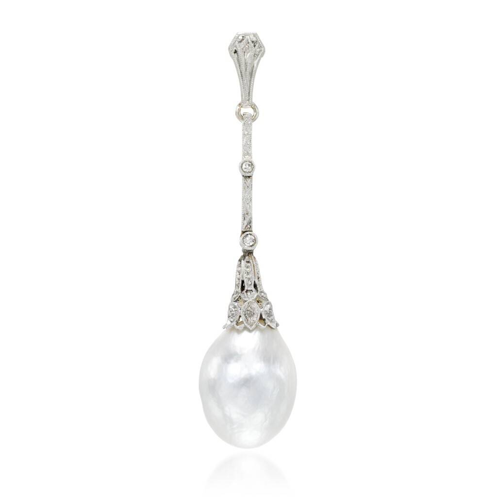 View full screen - View 1 of Lot 180. Natural pearl and diamond pendant.