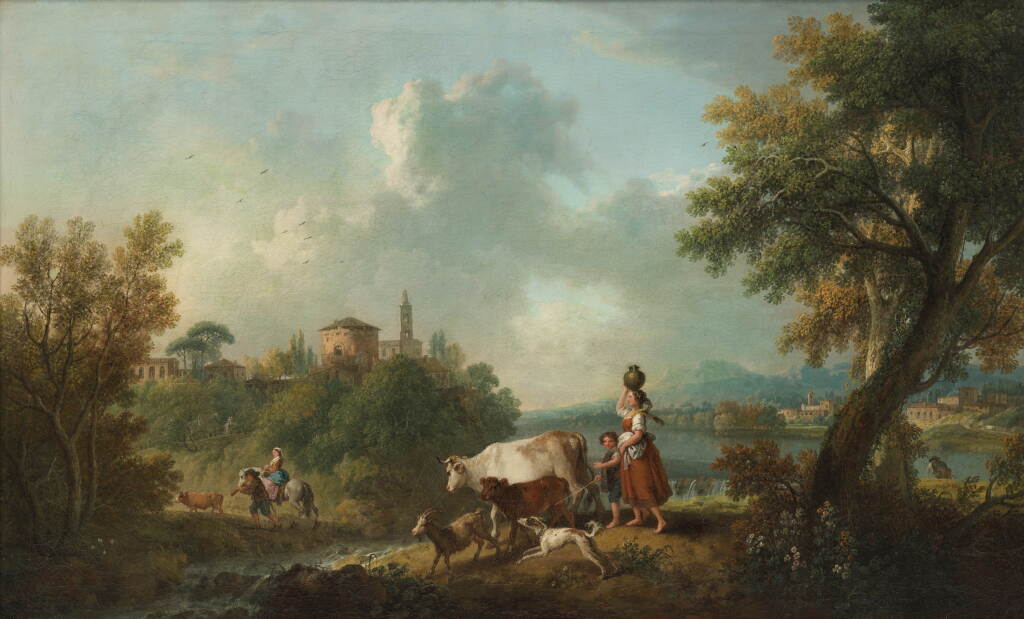View full screen - View 1 of Lot 57. A pastoral landscape with figures herding cattle and a goat by a stream.