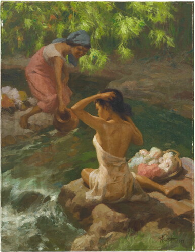 View full screen - View 1 of Lot 713. Fernando Cueto Amorsolo 阿莫索羅 | By the Stream 泉間沐浴.