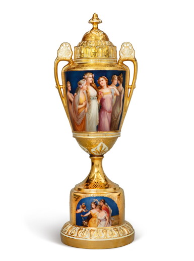 View full screen - View 1 of Lot 351. A VIENNA-STYLE LARGE TWO-HANDLED VASE AND COVER, CIRCA 1900.