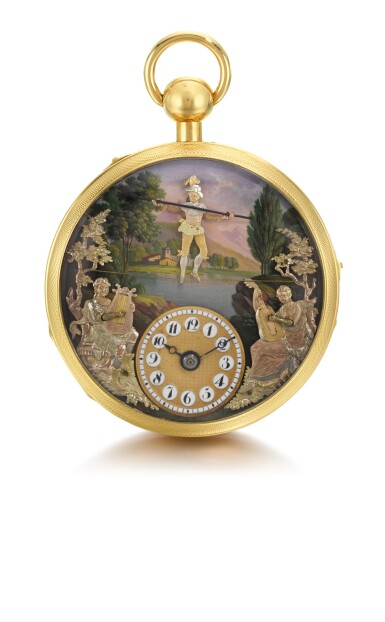 View full screen - View 1 of Lot 35. 'THE TIGHTROPE WALKER' DUBOIS ET FILS | A VERY RARE AND FINE GOLD AND ENAMEL QUARTER REPEATING TWO TRAIN MUSICAL WATCH WITH TIGHTROPE WALKING AUTOMATON AND TWO MUSICIANS PLAYING MUSIC, MADE FOR THE CHINESE MARKET CIRCA 1810.
